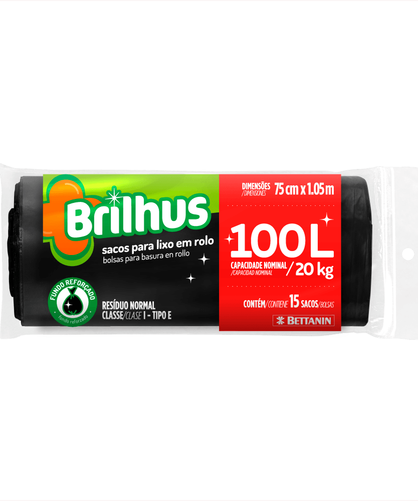 Saco para Lixo Brilhus Rolo 100L com 15un
