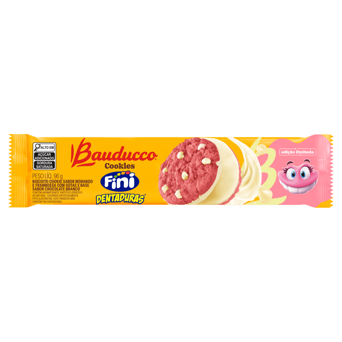 Biscoito Cookie Morango e Framboesa com Gotas e Cobertura Chocolate Branco Fini Dentaduras Bauducco Pacote 96g