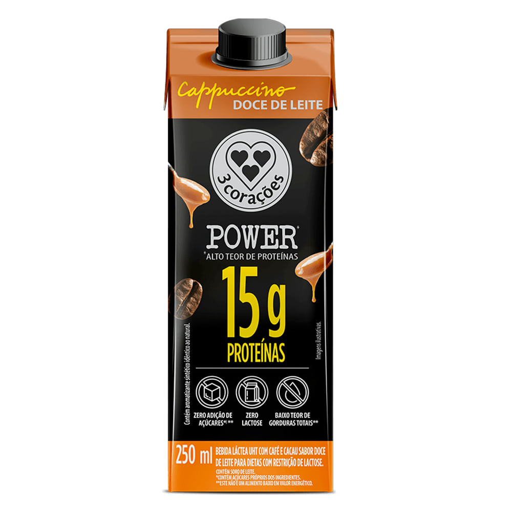 Bebida Láctea UHT Cappuccino Doce de Leite Zero Lactose 3 Corações Power Whey Caixa 250ml
