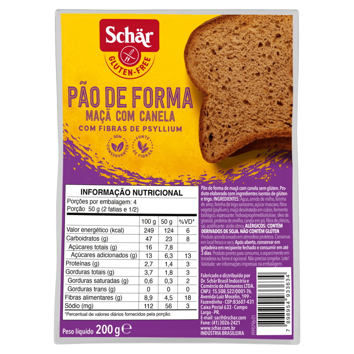 Pão Schar de Forma Maçã Com Canela Sem Glúten  200g